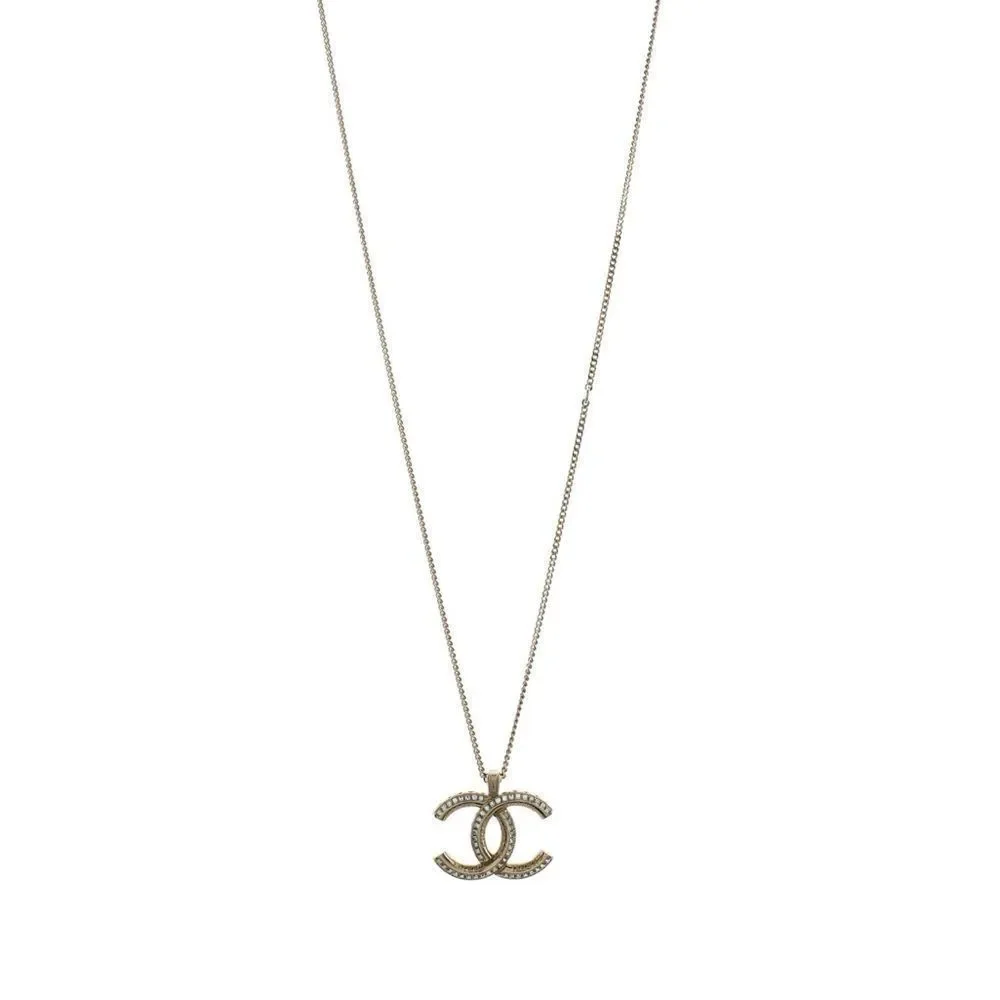CHANEL Multi Logo Engraved Gold Crystal CC Pendant Necklace